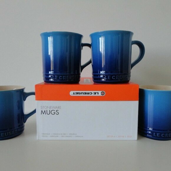 NIB LE CREUSET Blueberry Blue Stoneware Mugs Cups Embossed Lettering Set of 4 - Picture 1 of 8